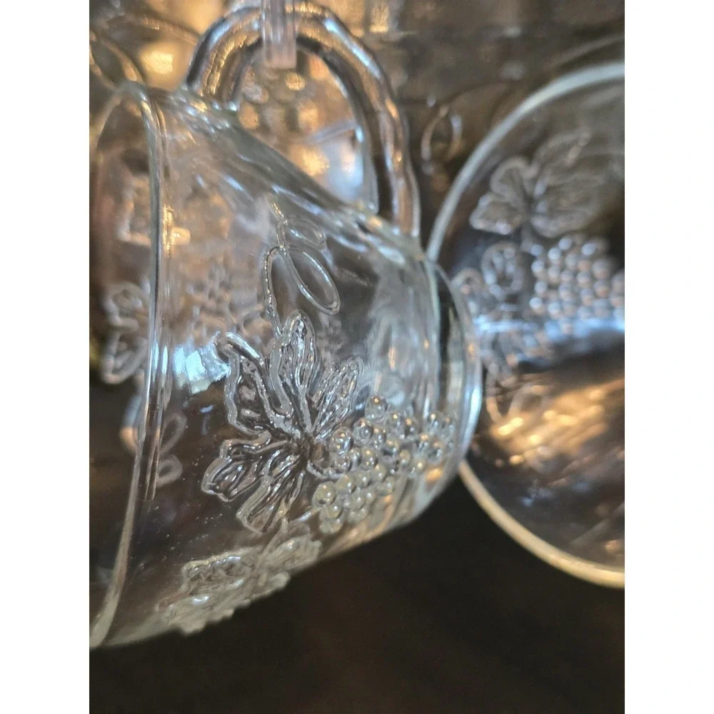 Vintage 1960's Anchor Hocking Glass Punch Bowl with 12 Cups Grape Leaf Pattern